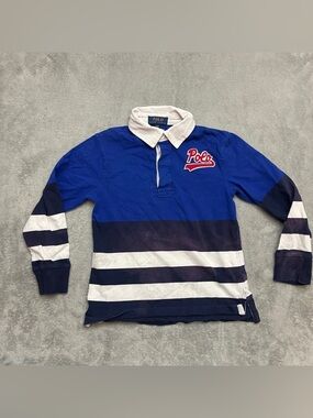 Boys Polo Ralph Lauren Rugby Collared Shirt Blue Stripe Pony Size Small 8